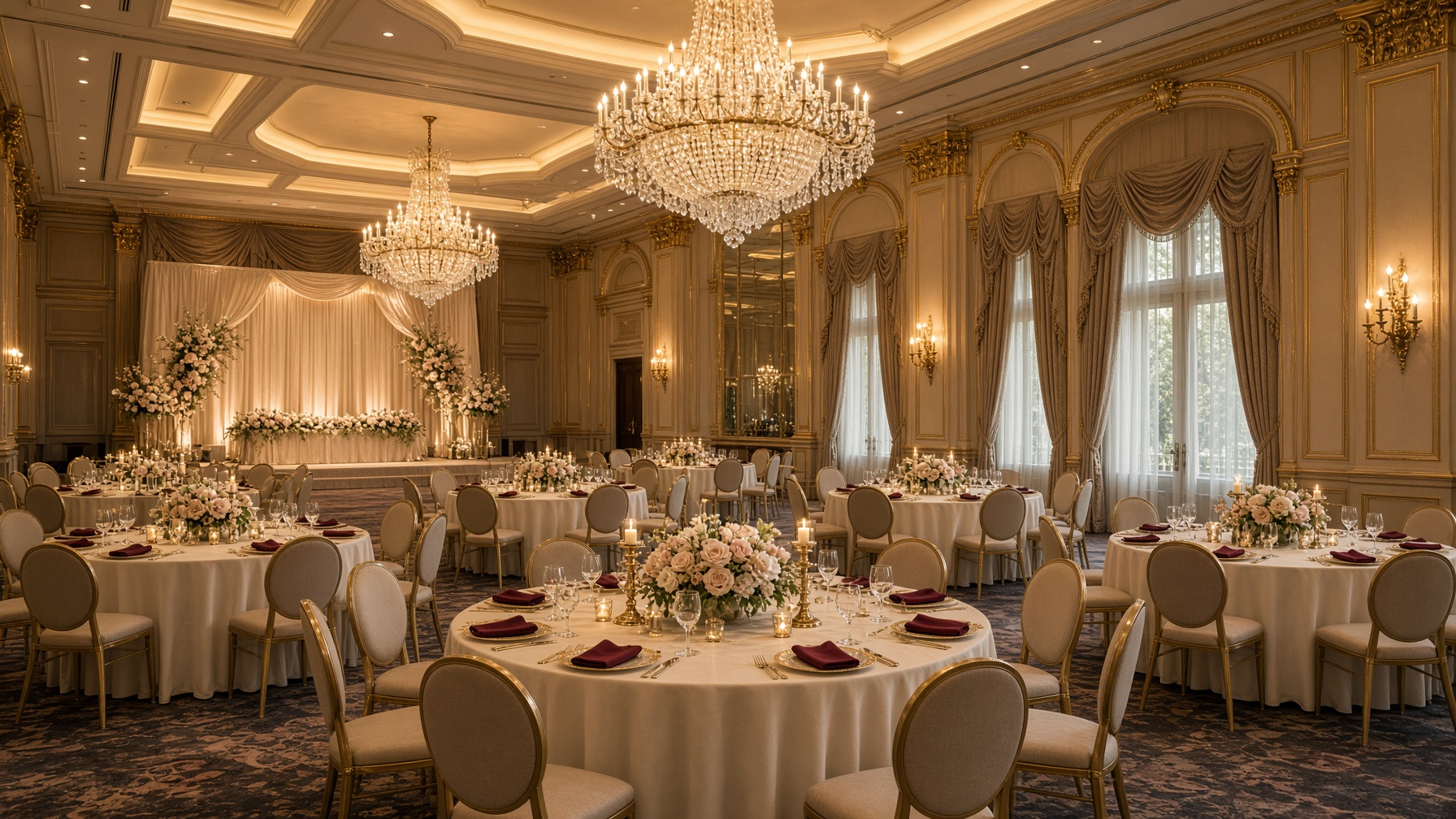 Grand Ballroom dengan meja bundar, chandelier, dan rangkaian mawar